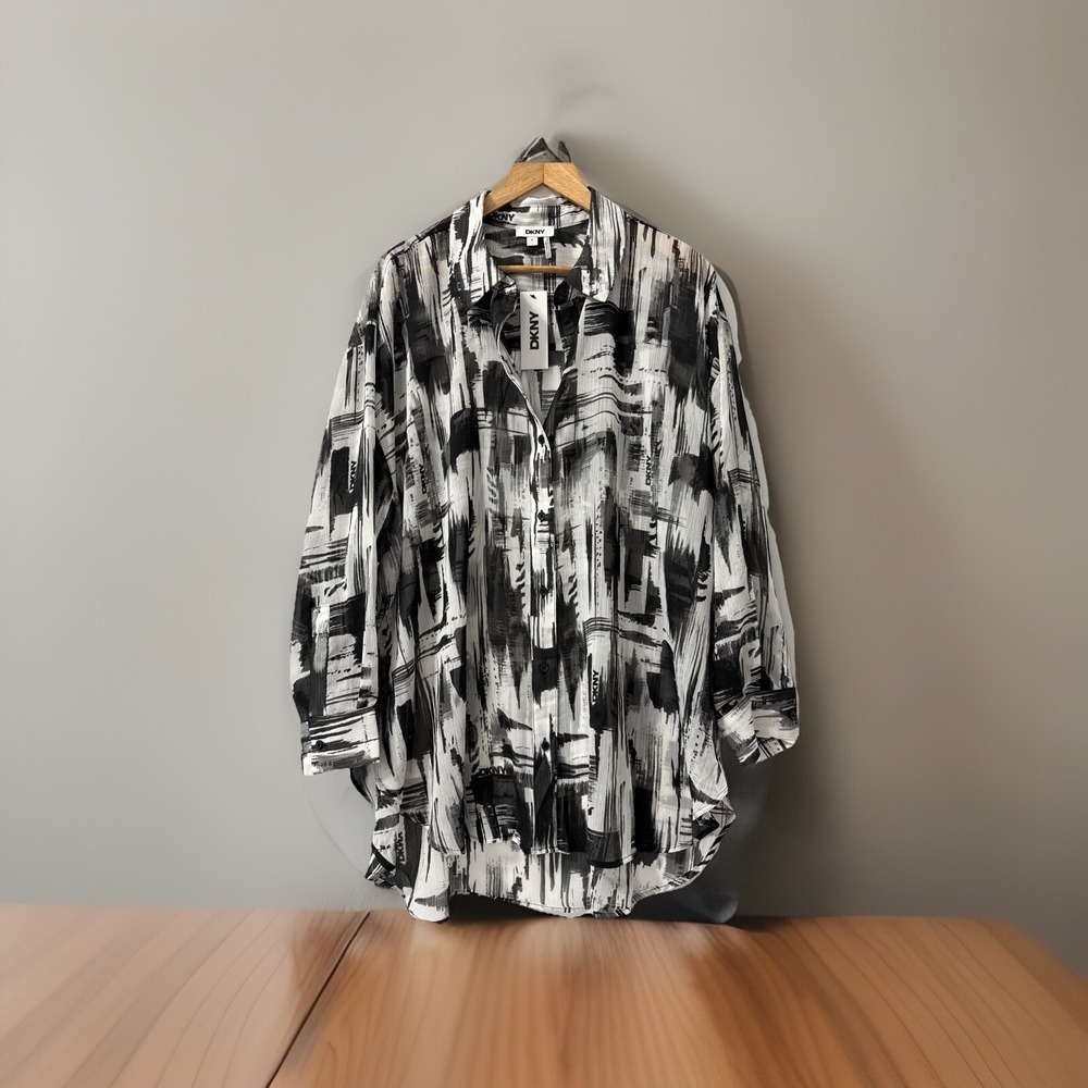 DKNY top blouse women Plus Size white black 2X long transparent‎ jacket cover up